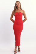 Red Bodycon Dress Boob Tube Textured Midi