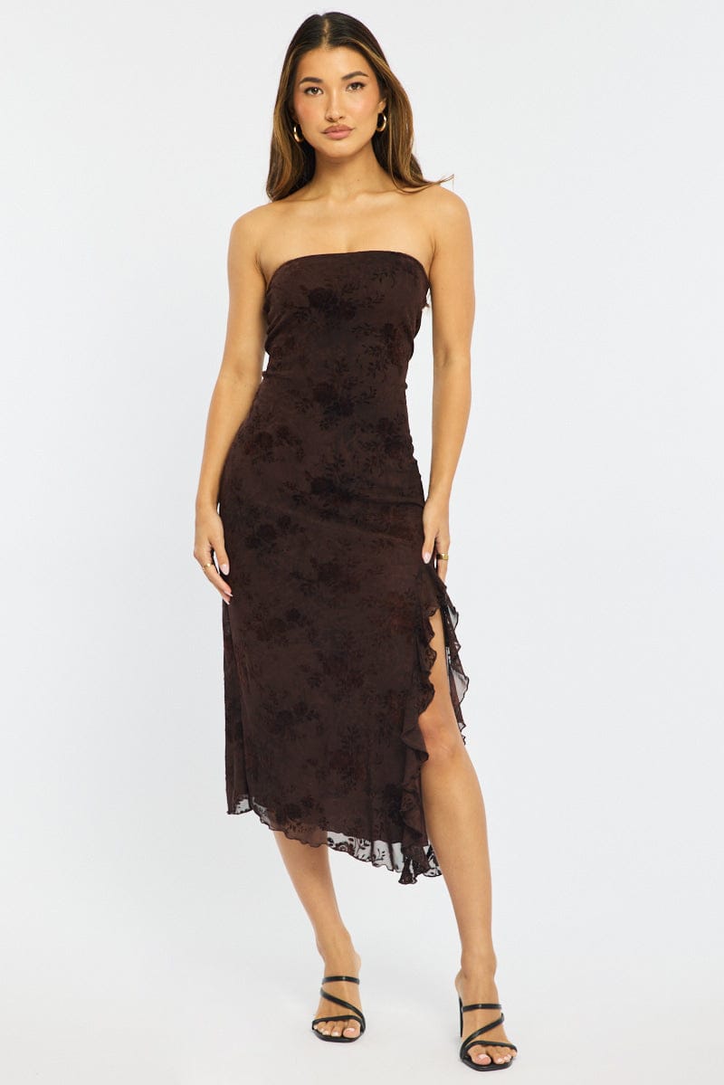 Brown Bodycon Dress Strapless Burnout