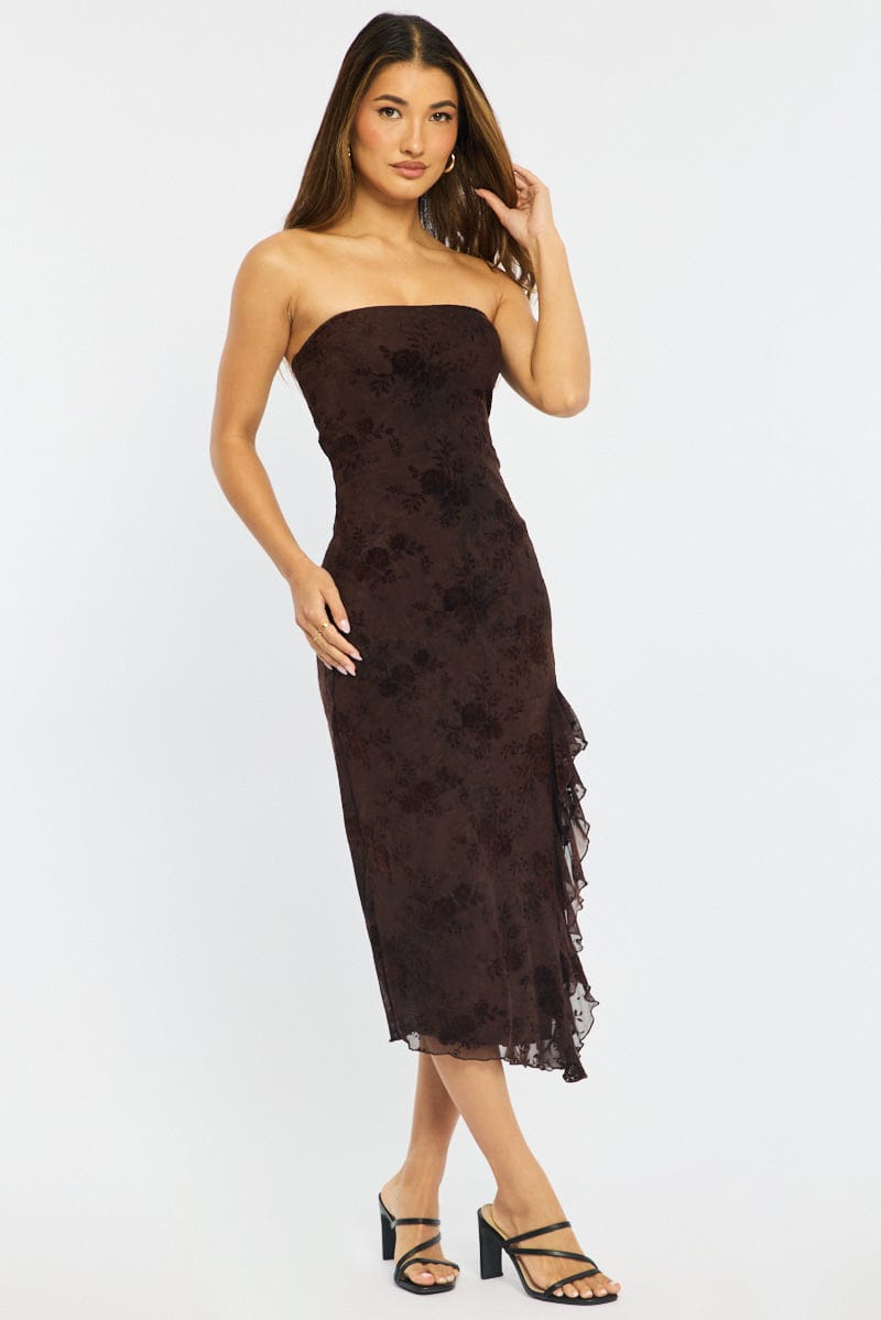 Brown Bodycon Dress Strapless Burnout