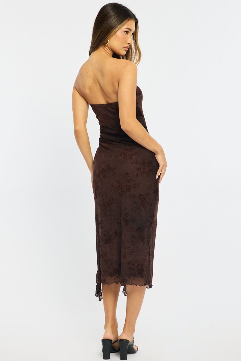 Brown Bodycon Dress Strapless Burnout