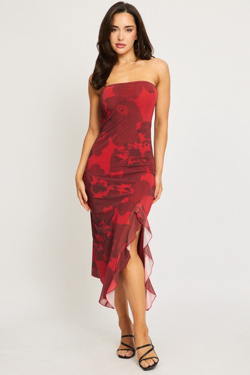 Red Floral Bodycon Dress Mesh Floral