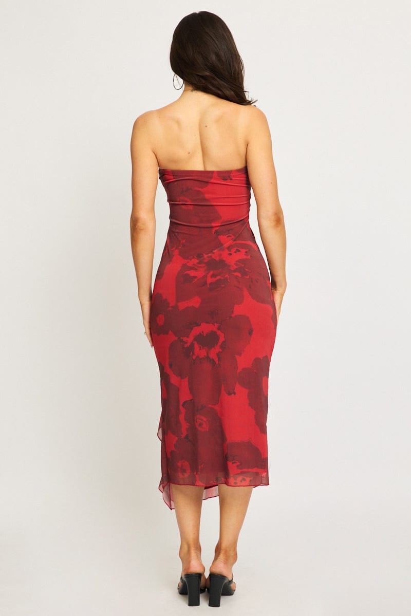 Red Floral Bodycon Dress Mesh Floral