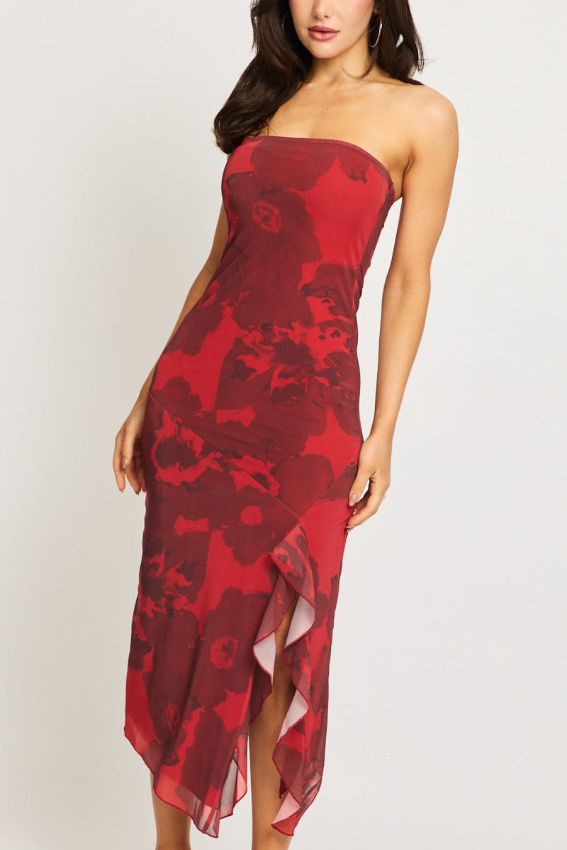 Red Floral Bodycon Dress Mesh Floral