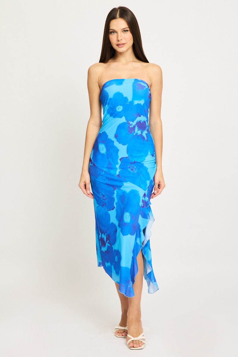 Blue Floral Bodycon Dress Mesh Floral