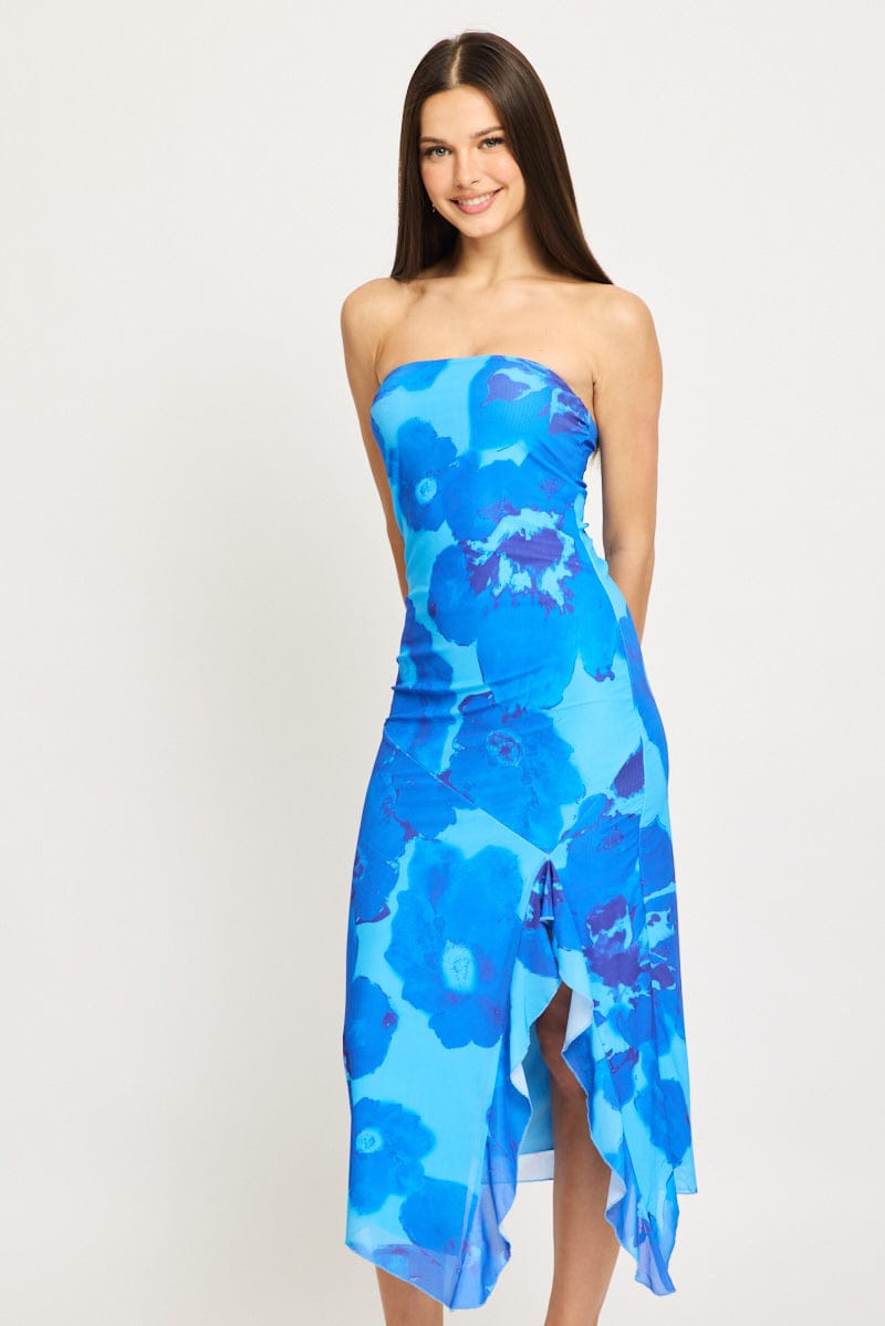 Blue Floral Bodycon Dress Mesh Floral