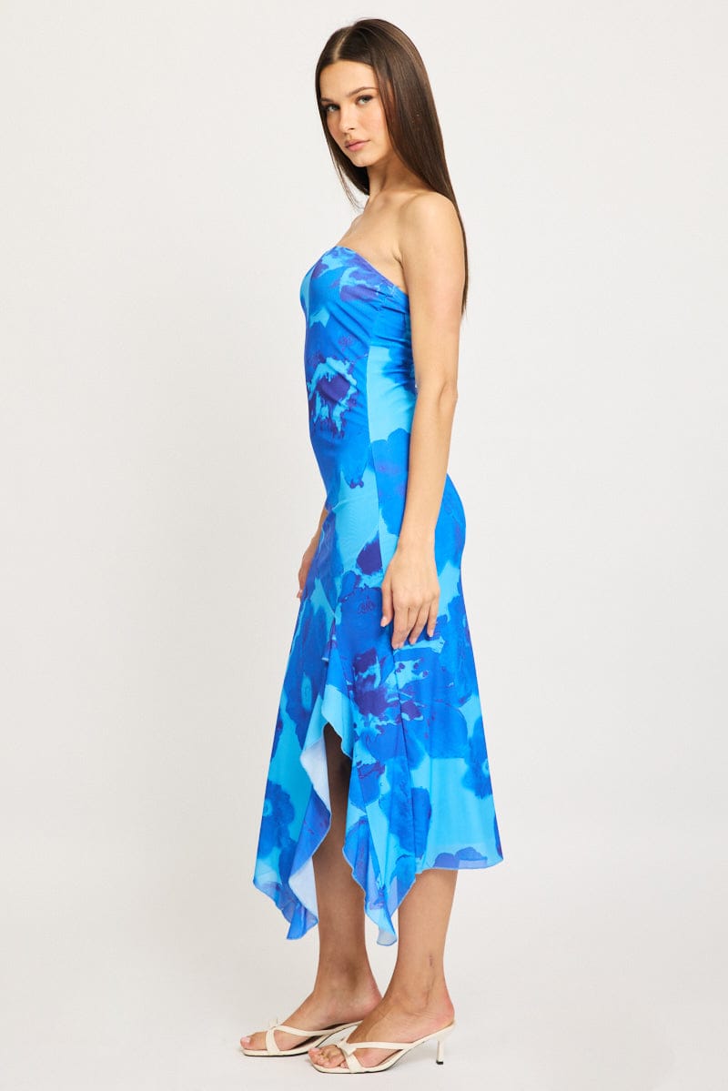 Blue Floral Bodycon Dress Mesh Floral