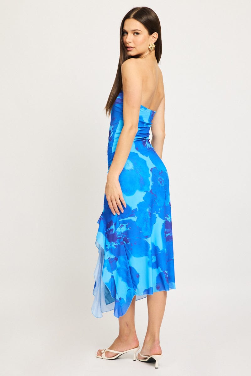 Blue Floral Bodycon Dress Mesh Floral