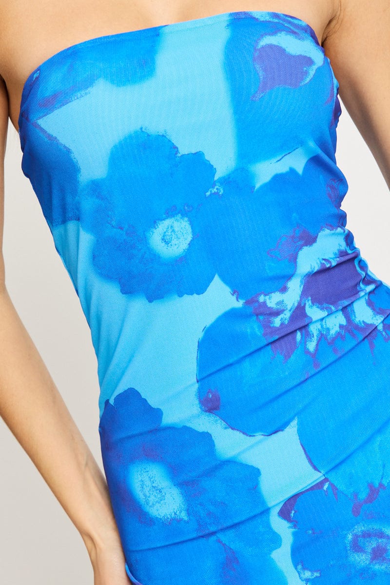 Blue Floral Bodycon Dress Mesh Floral