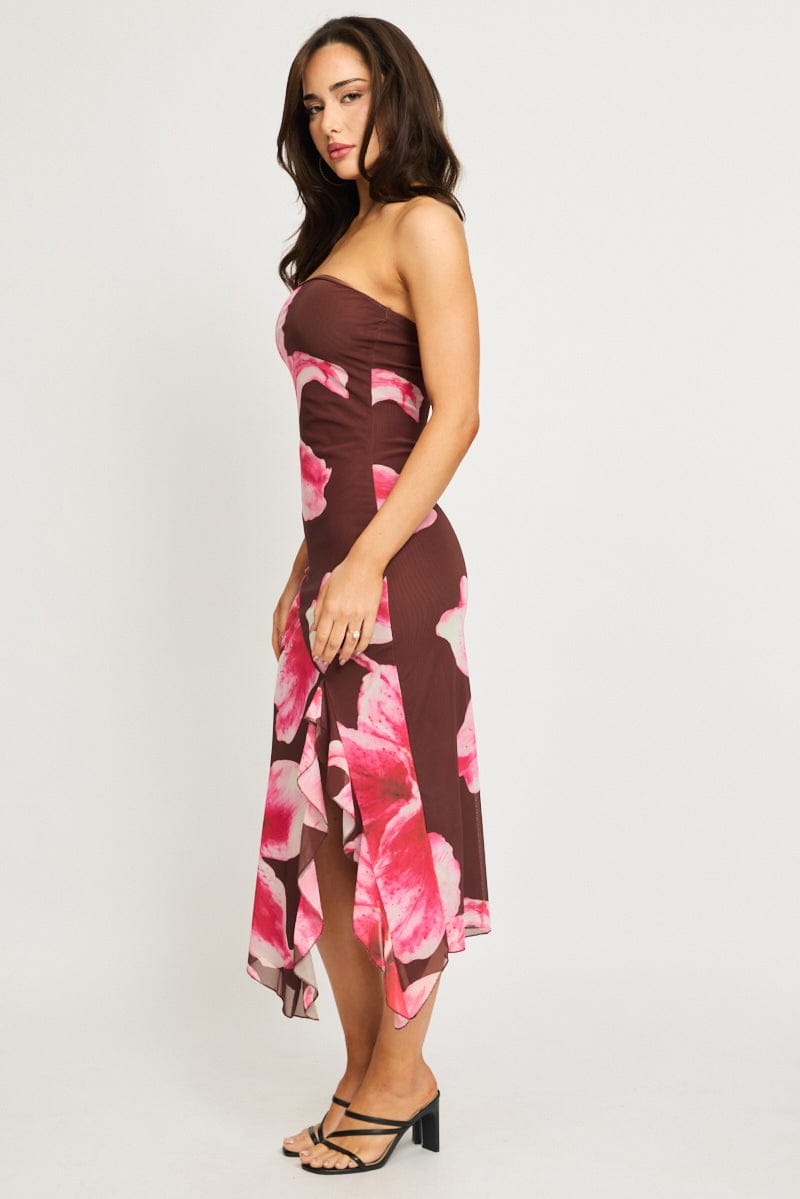 Brown Floral Bodycon Dress Mesh Floral