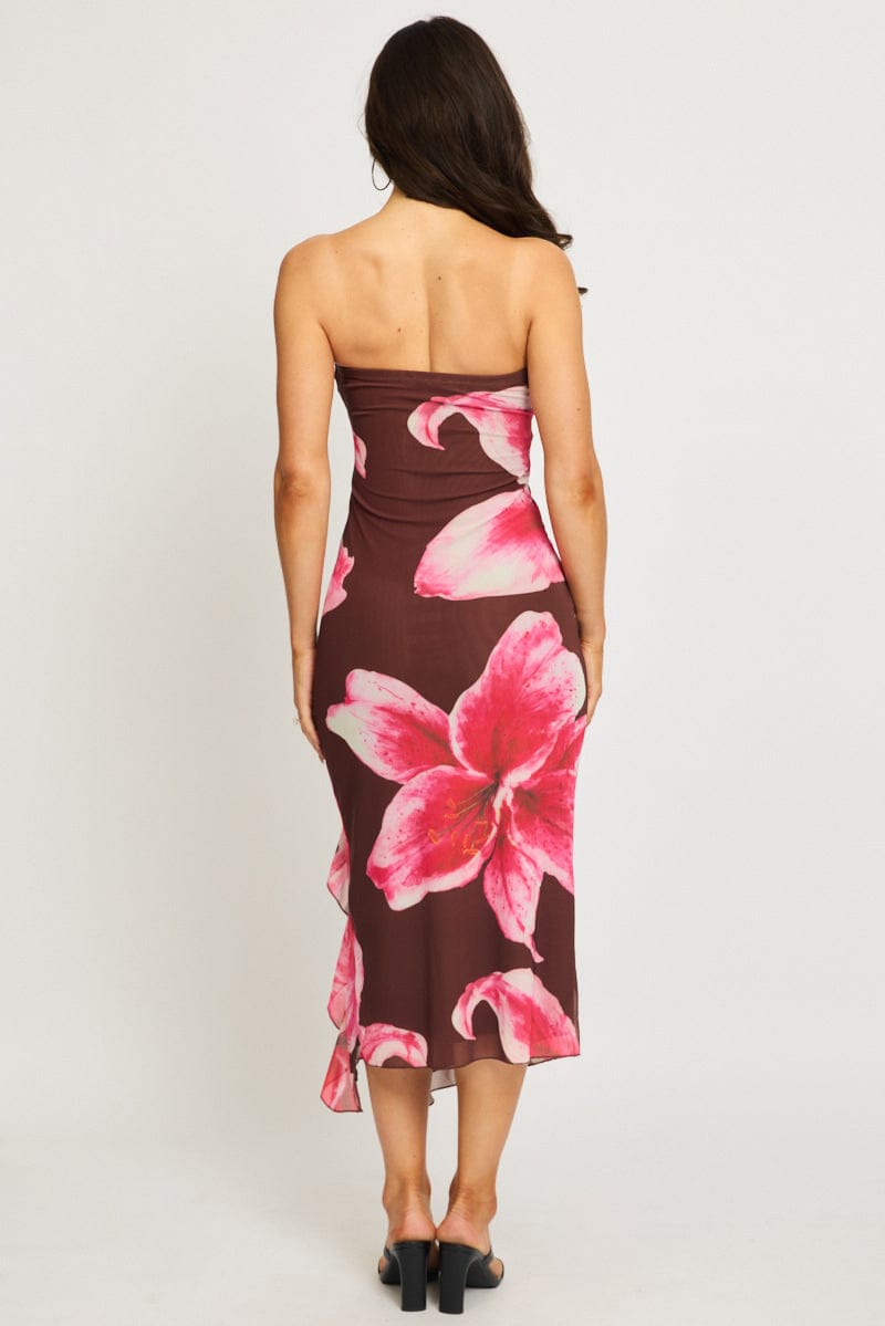 Brown Floral Bodycon Dress Mesh Floral