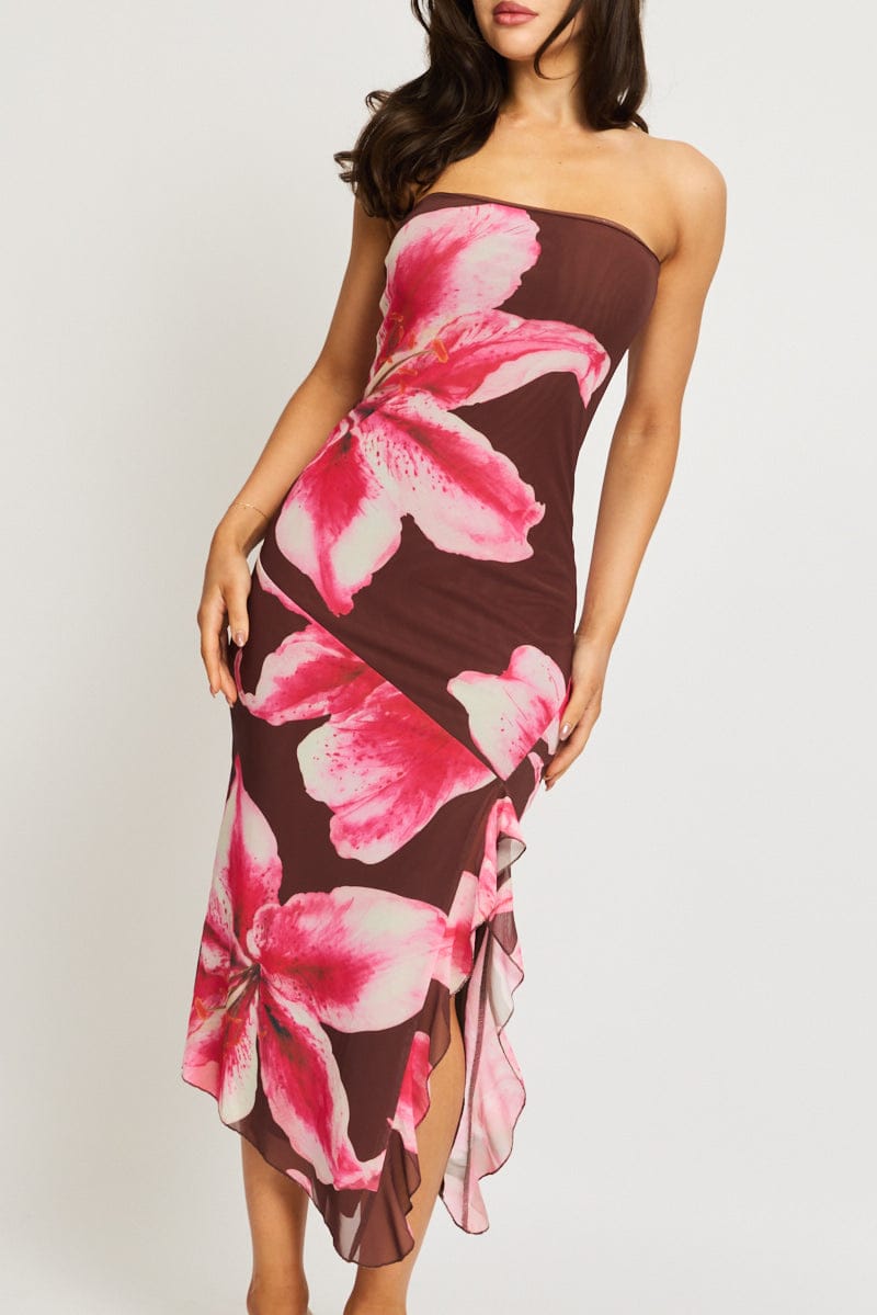 Brown Floral Bodycon Dress Mesh Floral