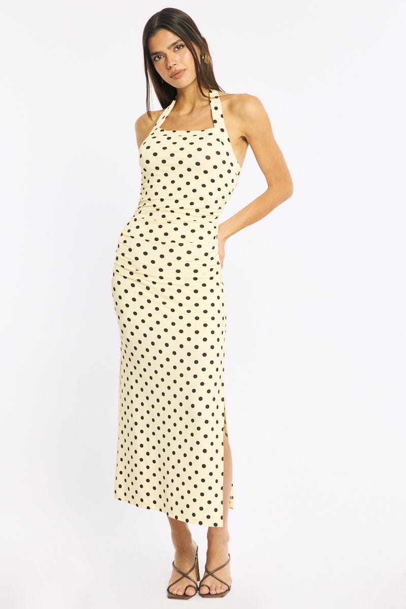 Yellow Polka Dot Bodycon Dress Halter Neck