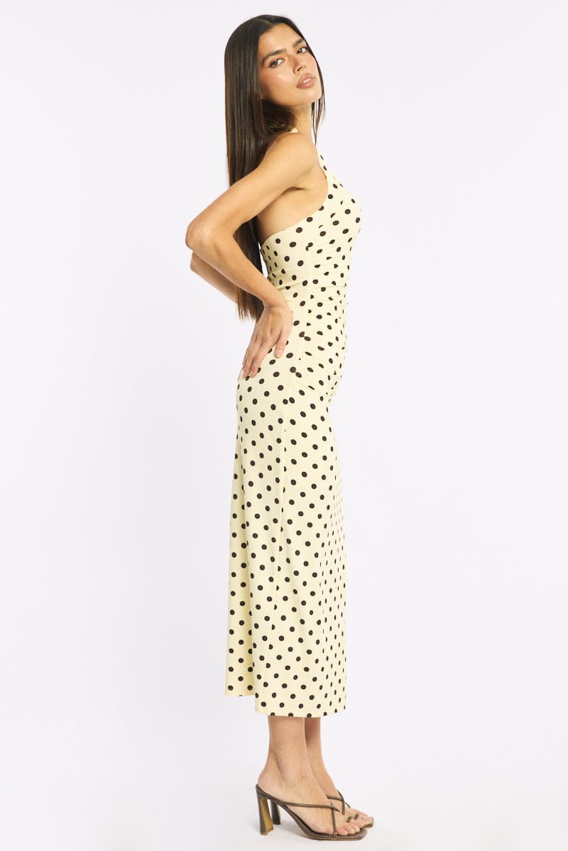 Yellow Polka Dot Bodycon Dress Halter Neck