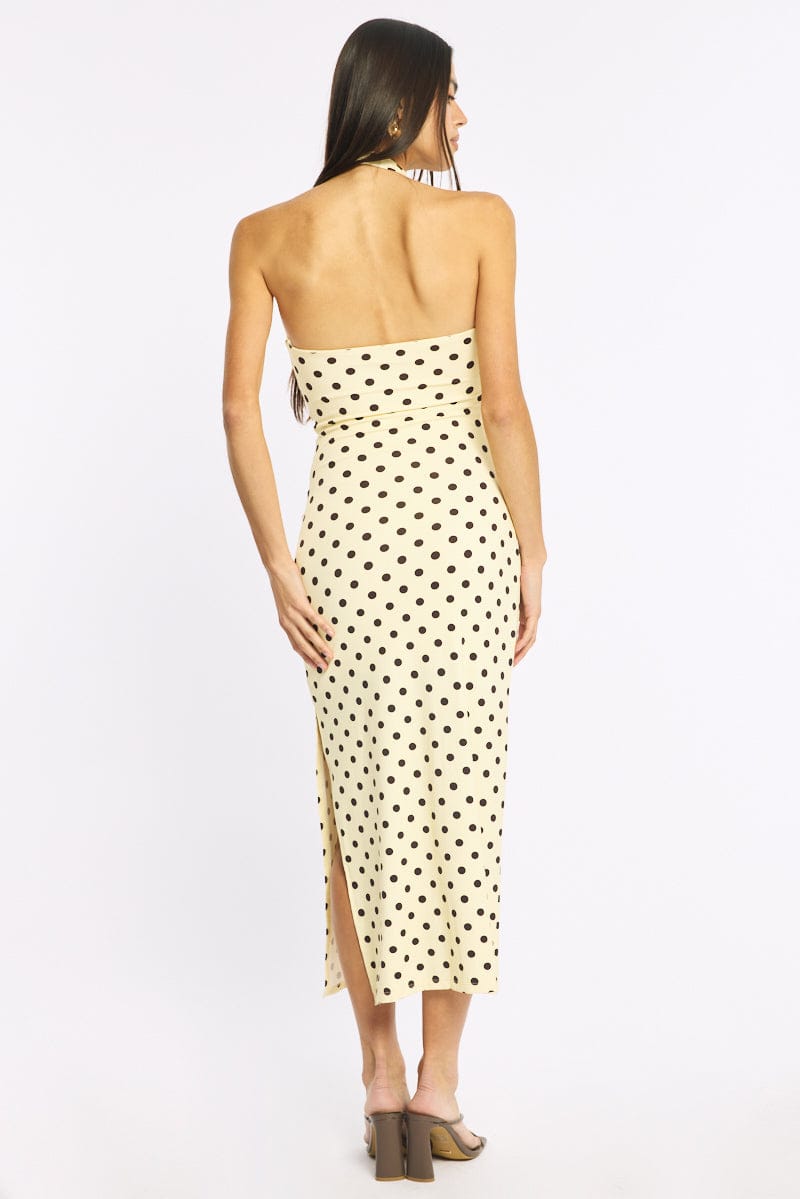 Yellow Polka Dot Bodycon Dress Halter Neck