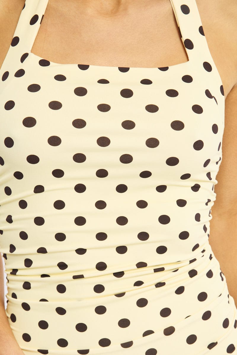 Yellow Polka Dot Bodycon Dress Halter Neck