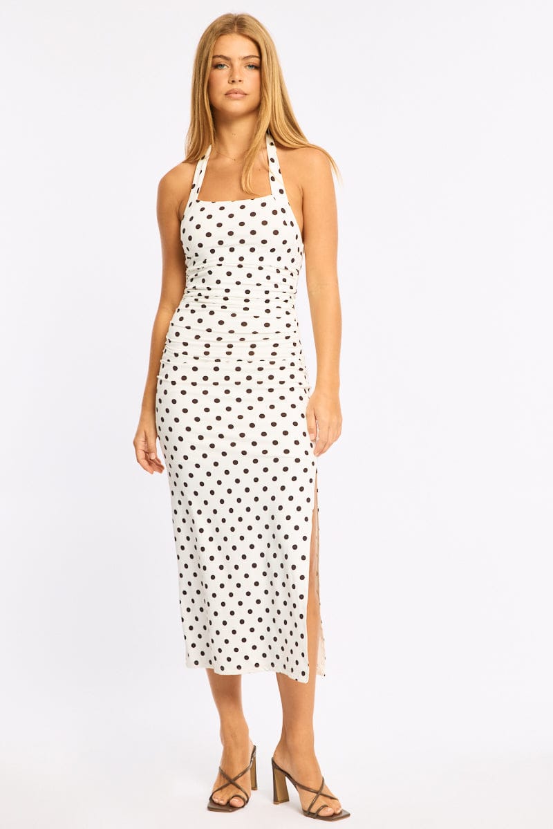 White Polka Dot Bodycon Dress Halter Neck