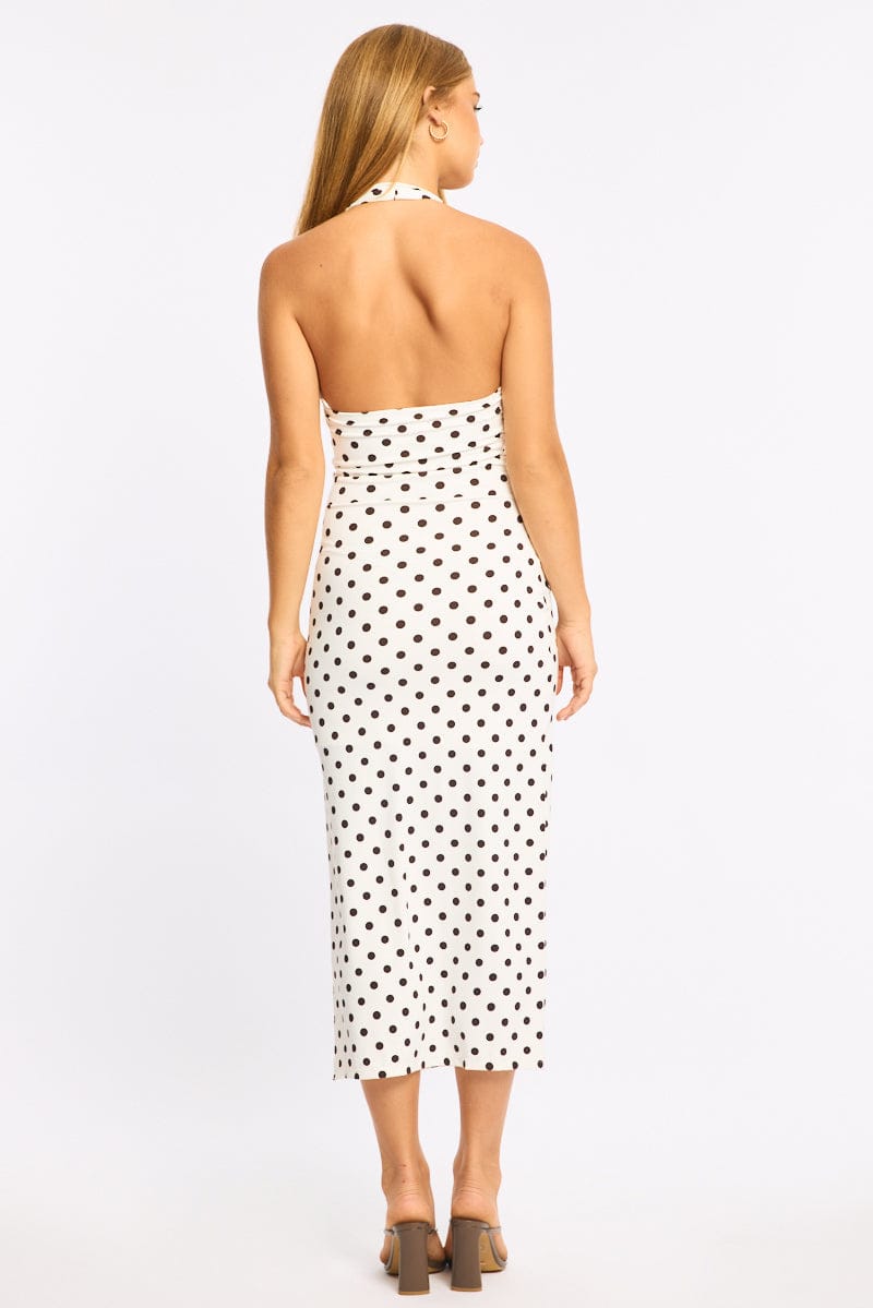 White Polka Dot Bodycon Dress Halter Neck