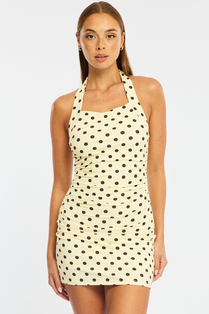 Yellow Polka Dot Bodycon Dress Halter Neck