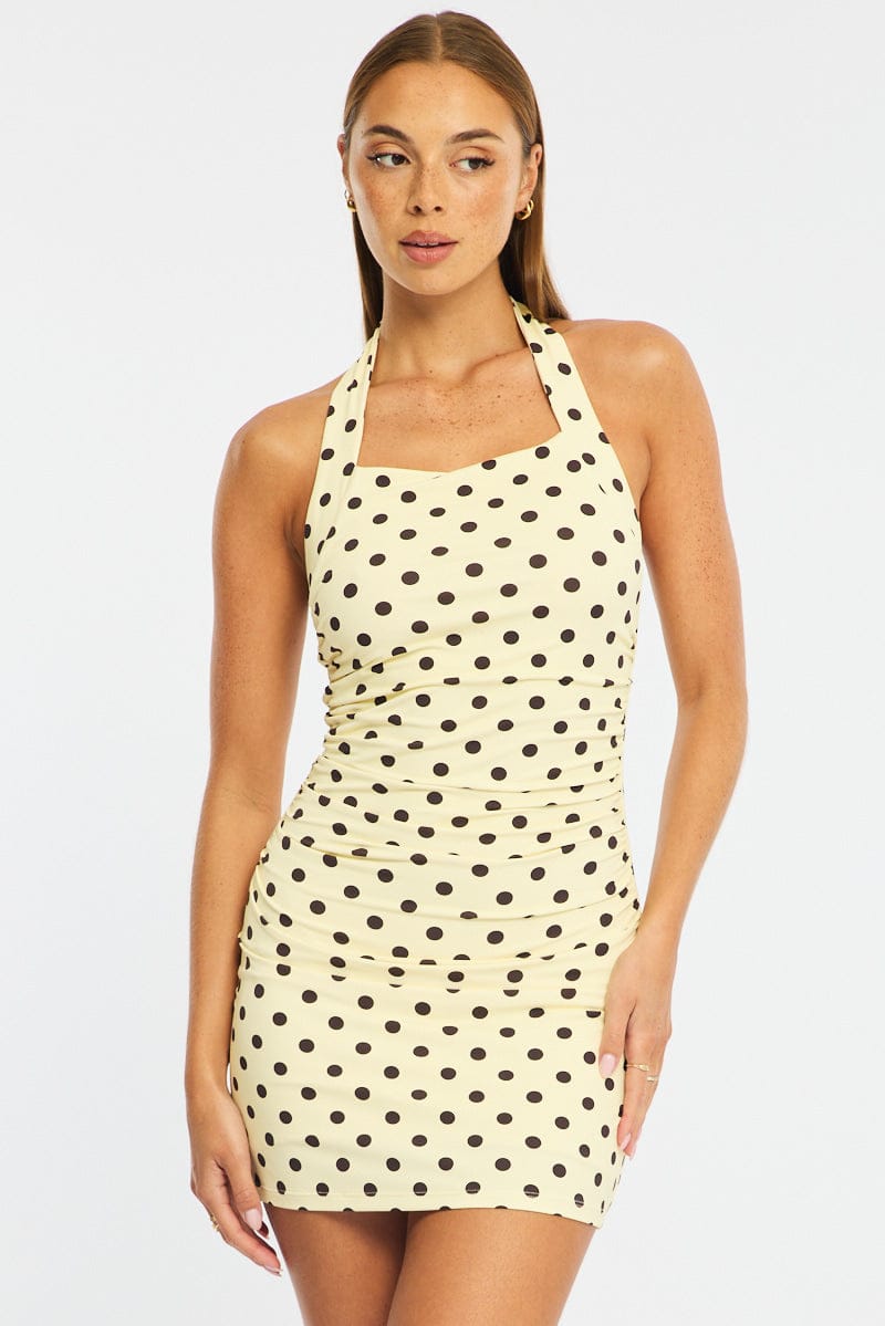 Yellow Polka Dot Bodycon Dress Halter Neck