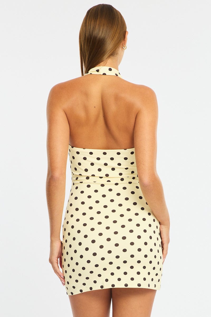 Yellow Polka Dot Bodycon Dress Halter Neck