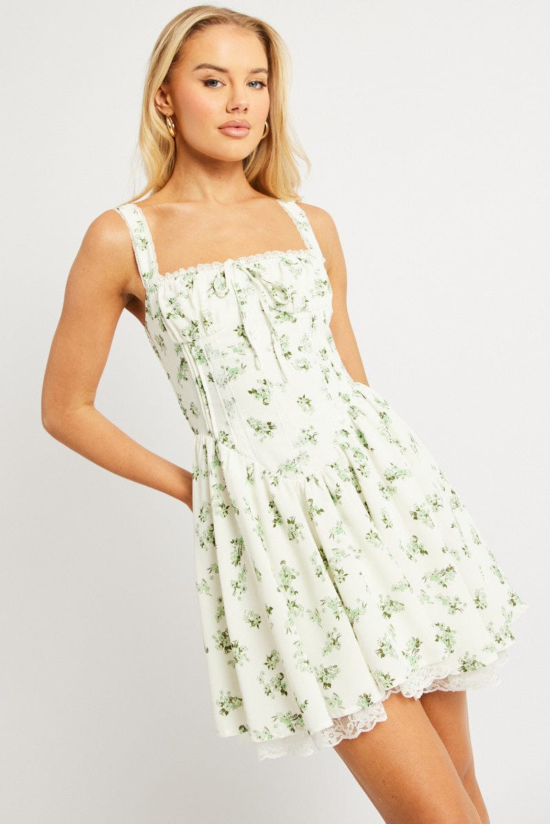 Green Floral Fit And Flare Dress Corset Mini