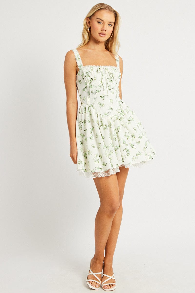 Green Floral Fit And Flare Dress Corset Mini