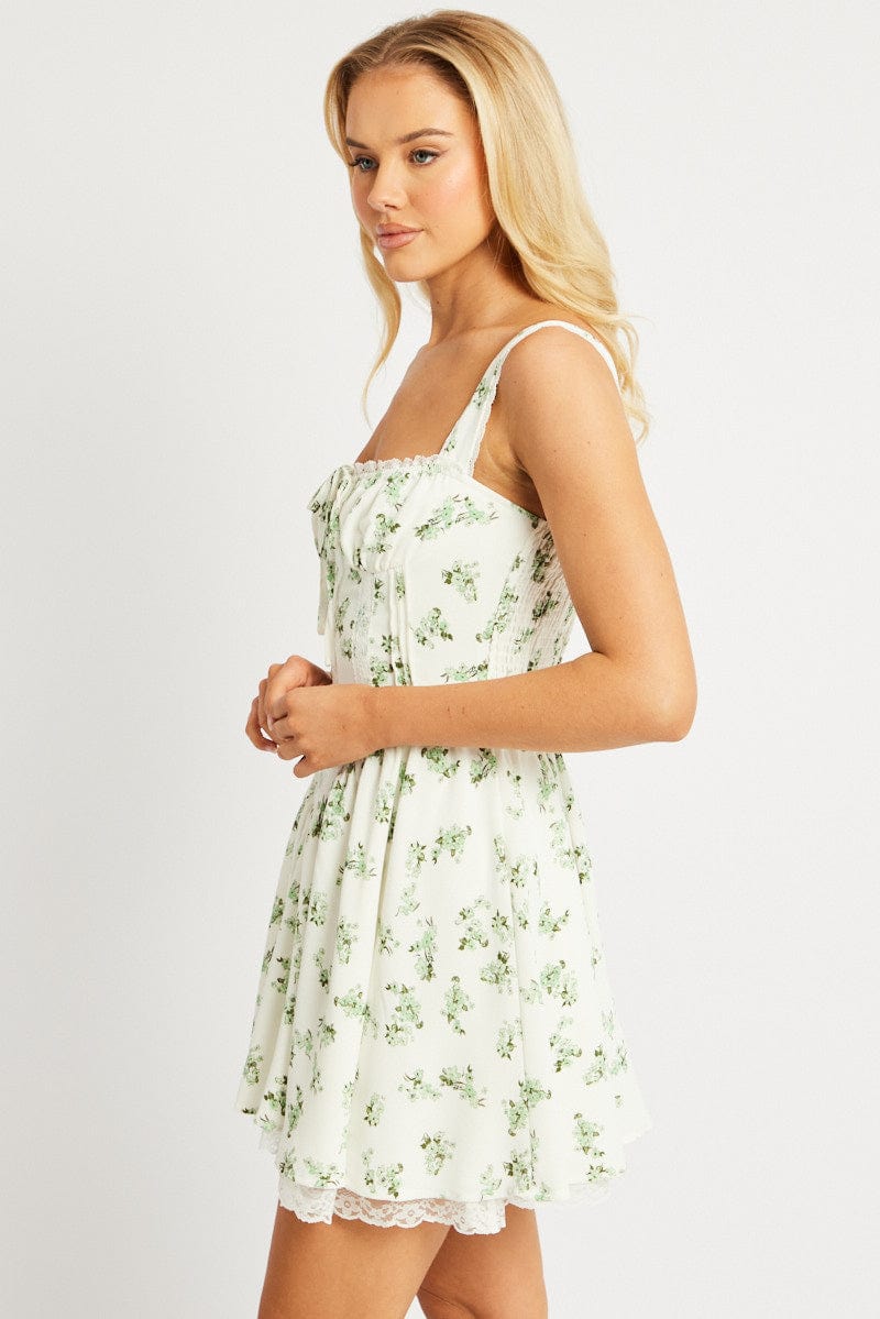 Green Floral Fit And Flare Dress Corset Mini
