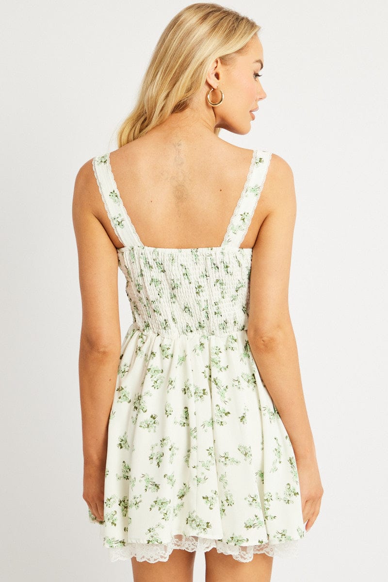 Green Floral Fit And Flare Dress Corset Mini