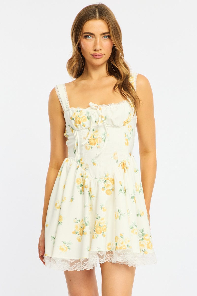 Yellow Floral Fit And Flare Dress Corset Mini