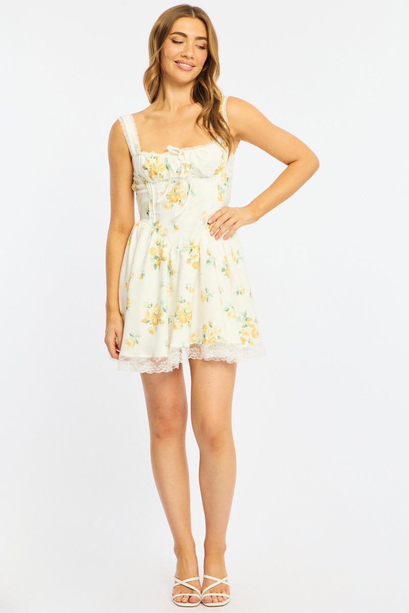 Yellow Floral Fit And Flare Dress Corset Mini