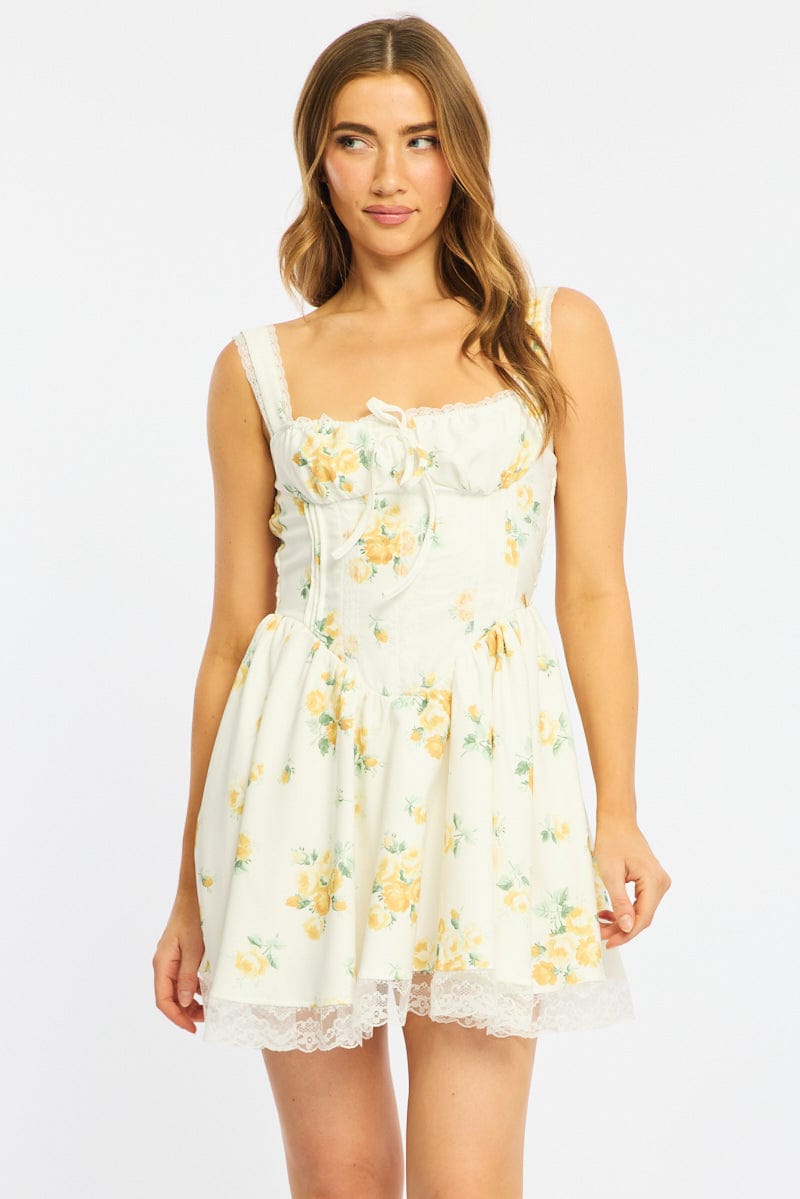 Yellow Floral Fit And Flare Dress Corset Mini