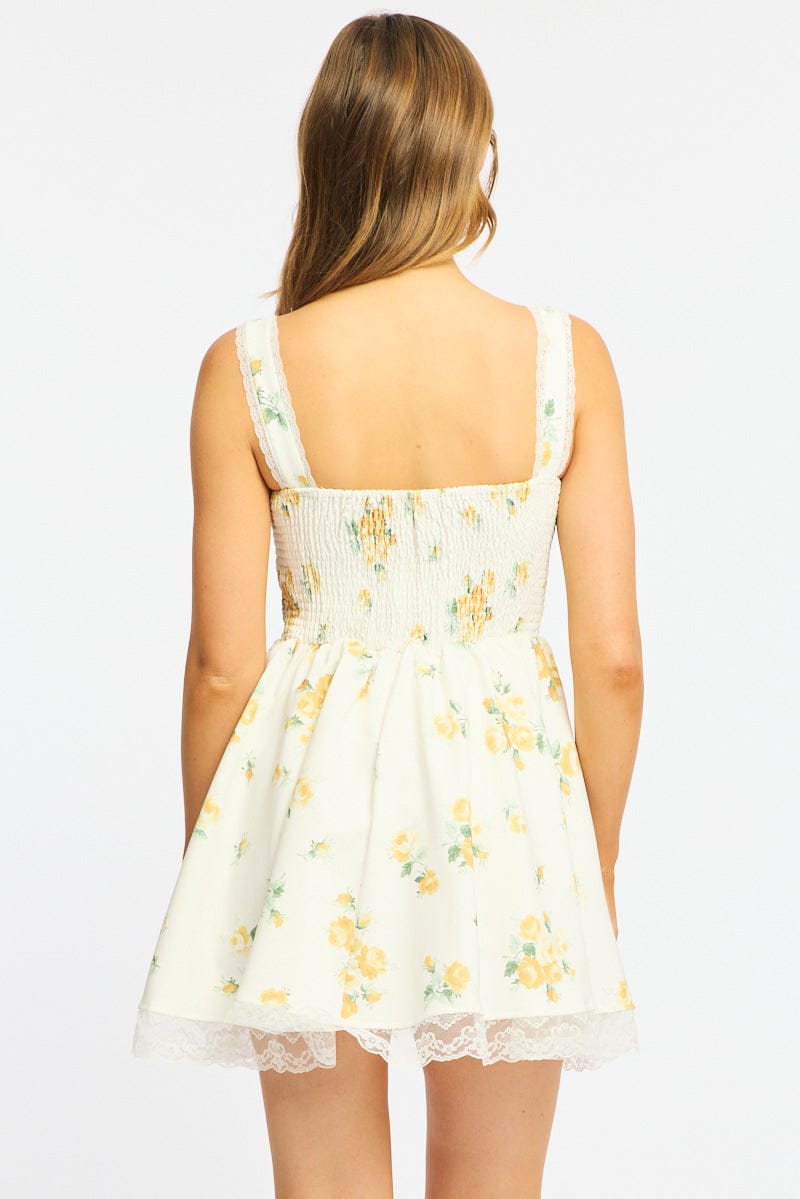 Yellow Floral Fit And Flare Dress Corset Mini