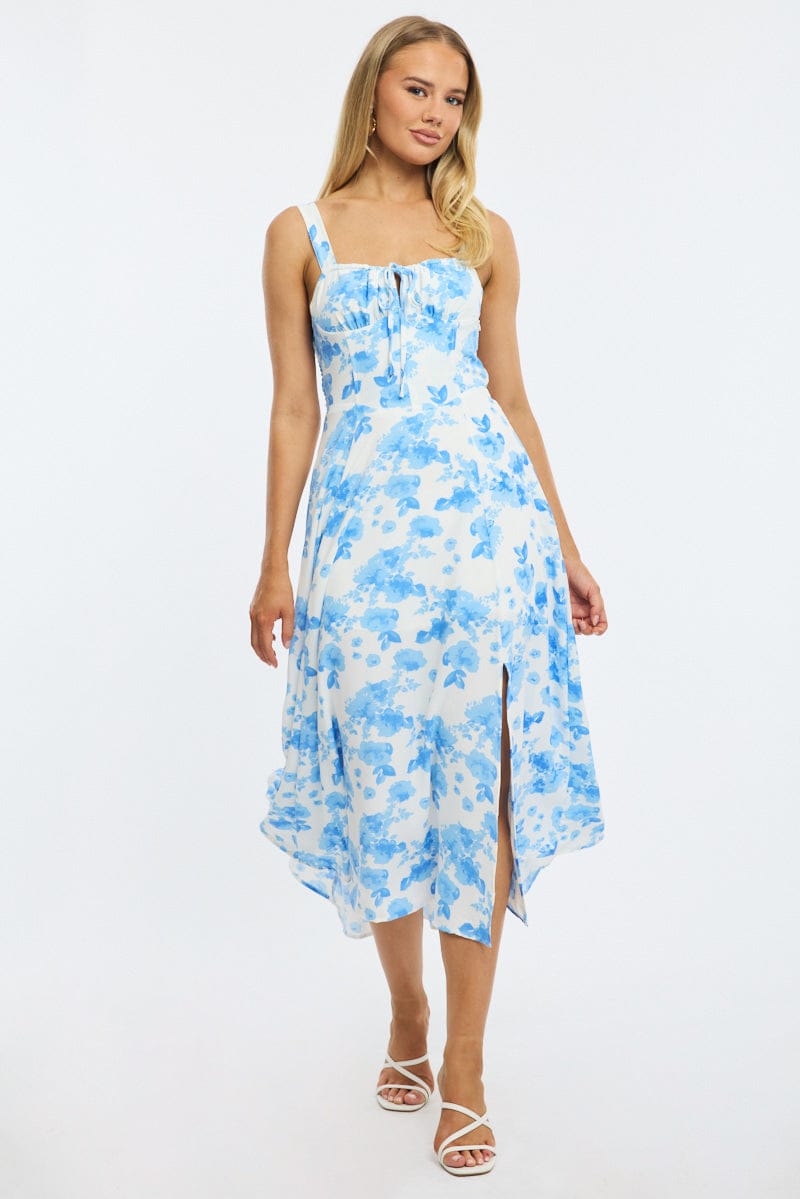 Blue Floral Midi Dress Ruched Bust
