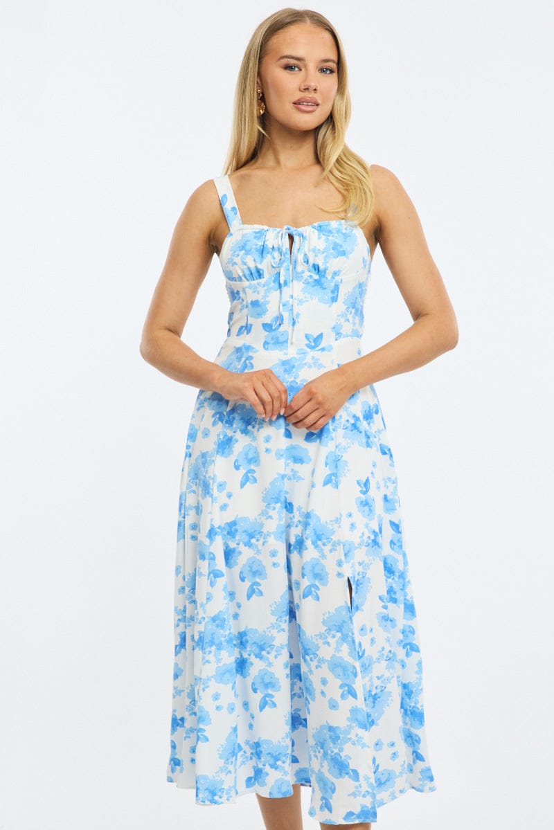 Blue Floral Midi Dress Ruched Bust