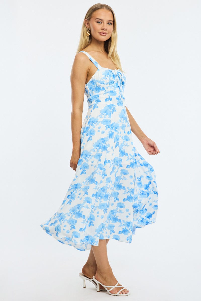 Blue Floral Midi Dress Ruched Bust
