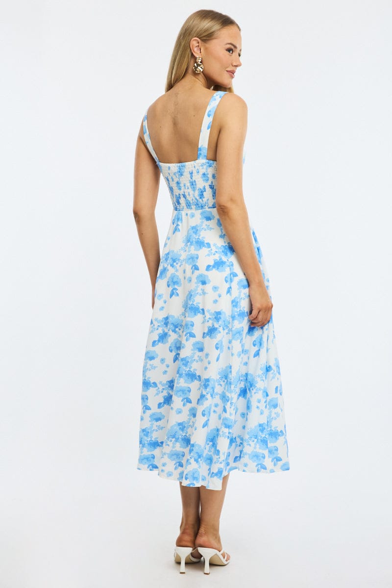 Blue Floral Midi Dress Ruched Bust