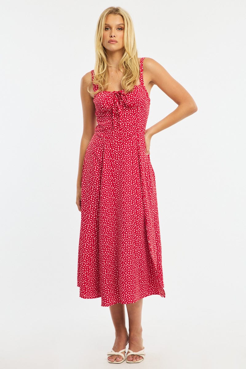 Red Ditsy Midi Dress Ruched Bust