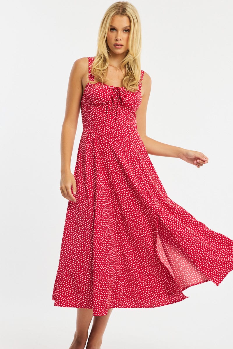 Red Ditsy Midi Dress Ruched Bust