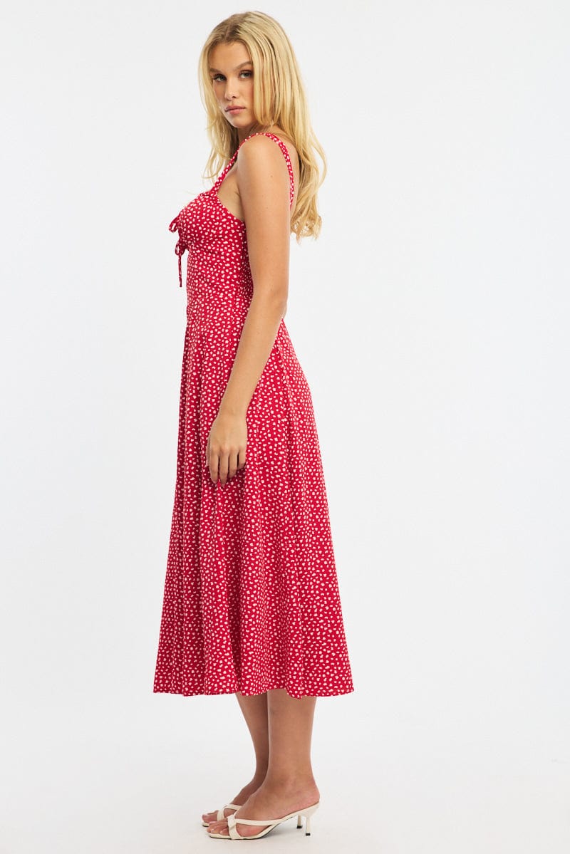 Red Ditsy Midi Dress Ruched Bust