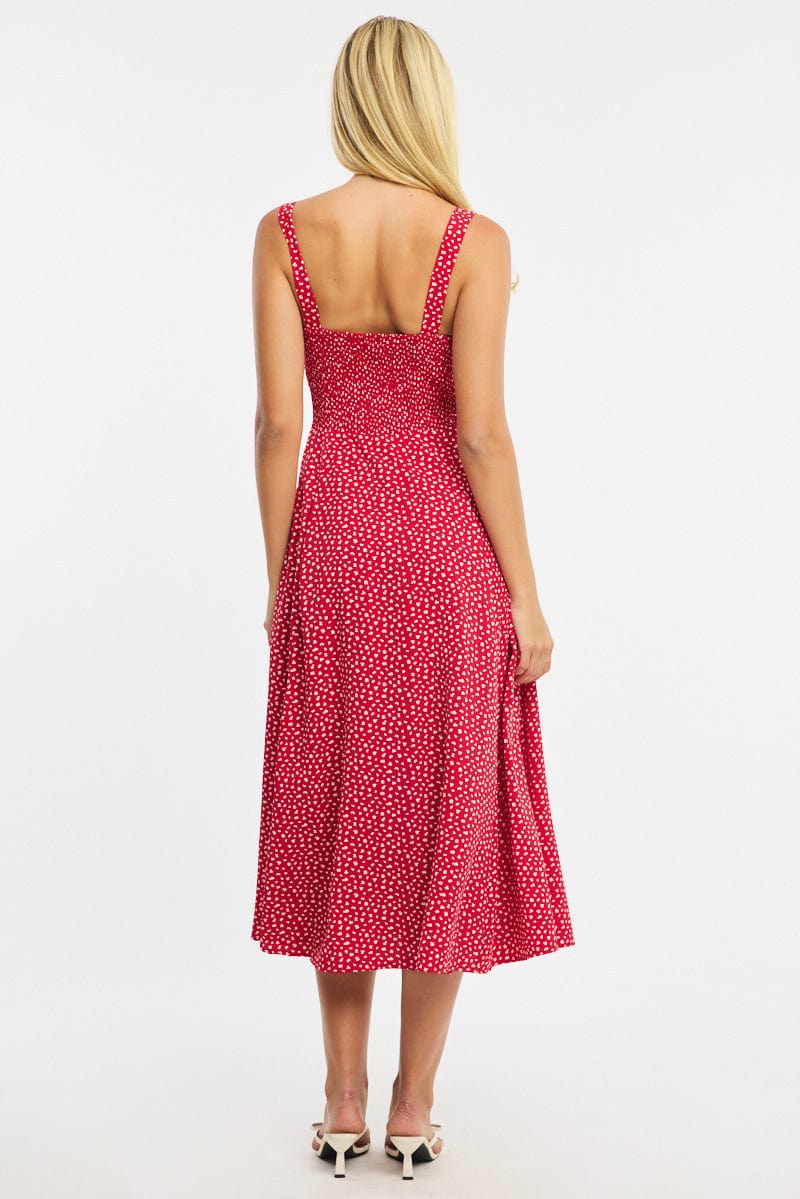 Red Ditsy Midi Dress Ruched Bust
