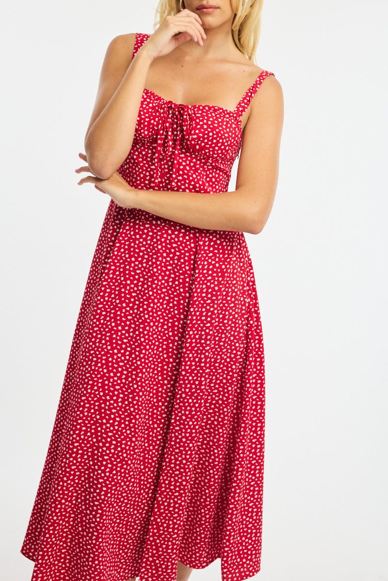 Red Ditsy Midi Dress Ruched Bust