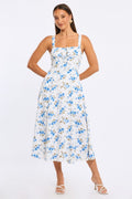 Blue Floral Midi Dress Ruched Bust