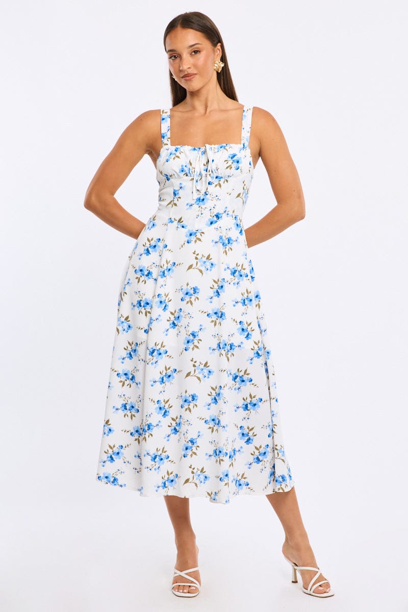 Blue Floral Midi Dress Ruched Bust