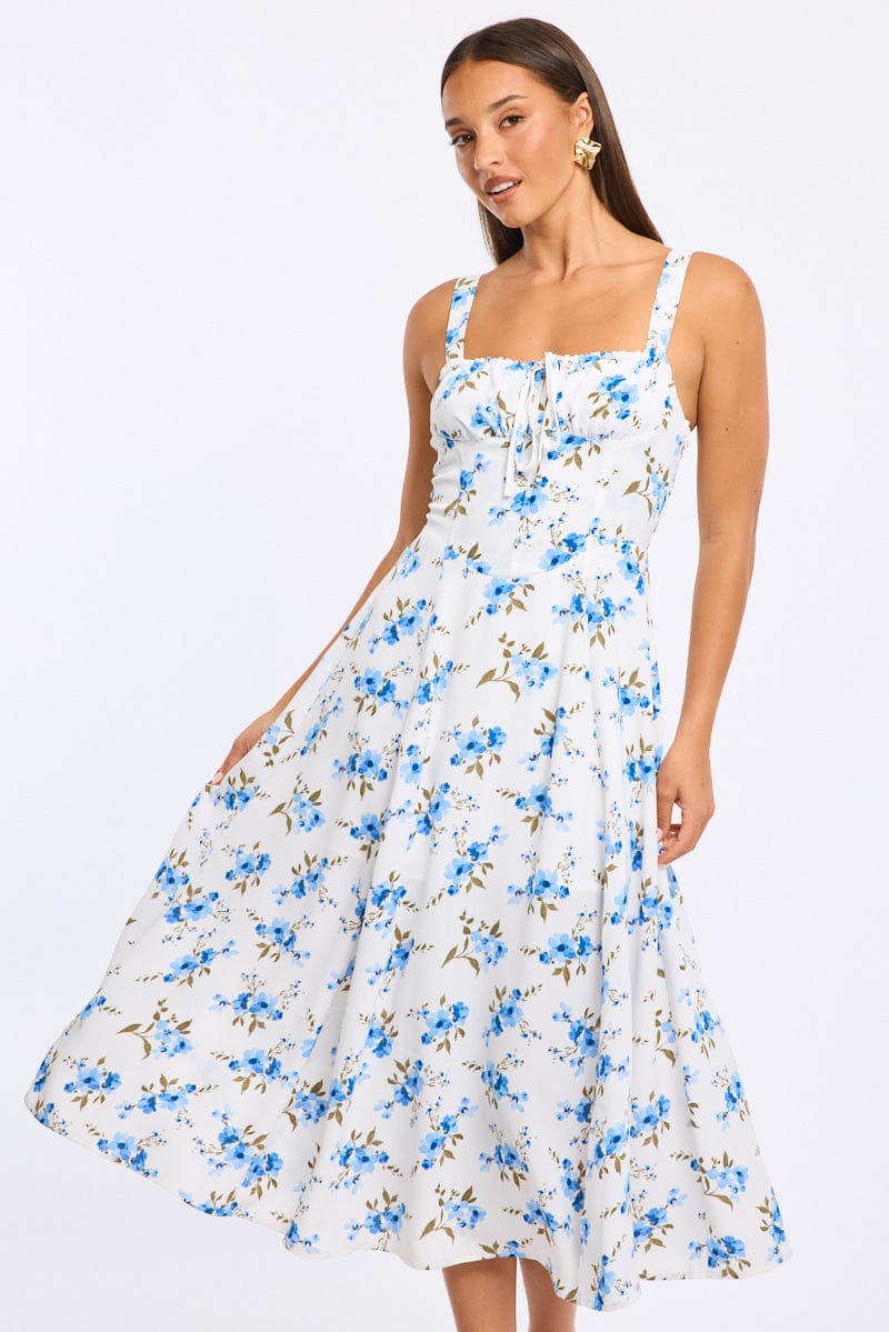 Blue Floral Midi Dress Ruched Bust