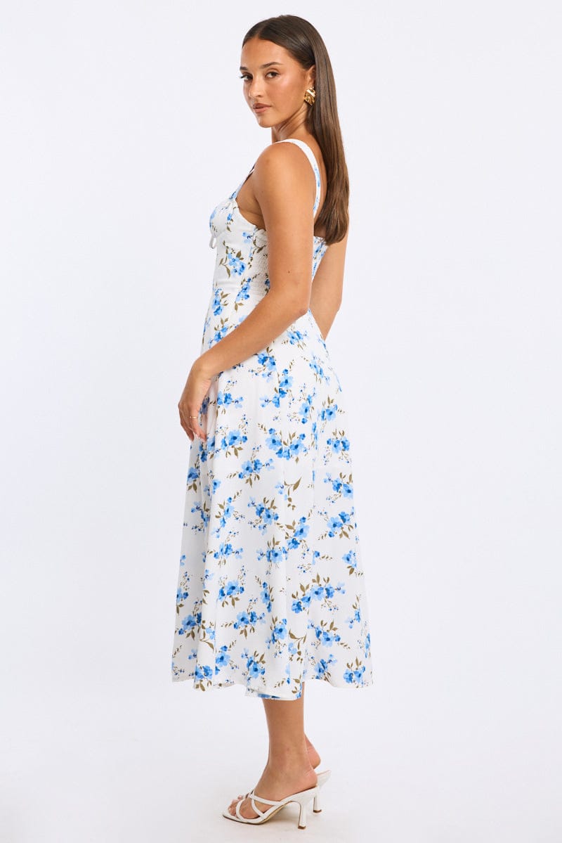 Blue Floral Midi Dress Ruched Bust