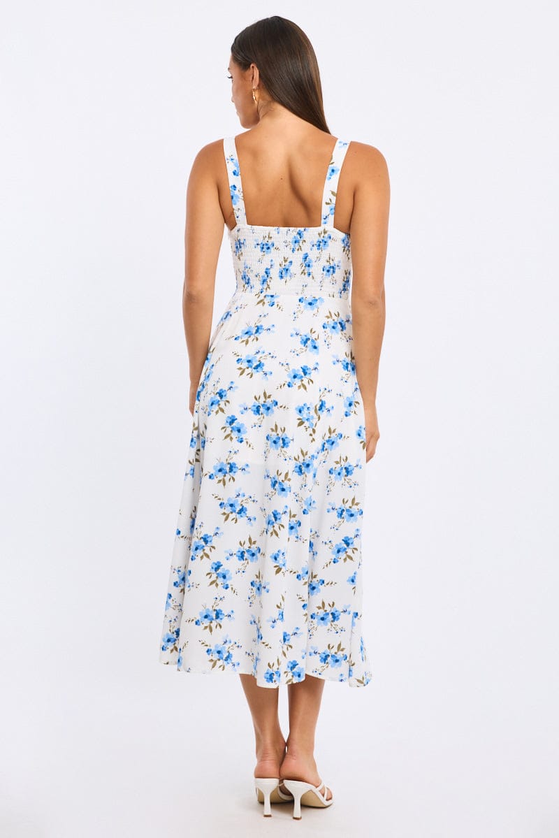 Blue Floral Midi Dress Ruched Bust