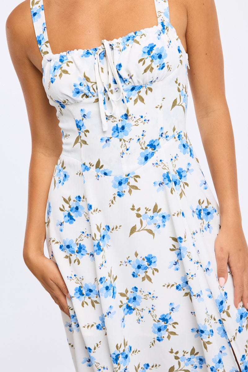 Blue Floral Midi Dress Ruched Bust
