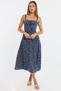 Blue Ditsy Midi Dress Ruched Bust