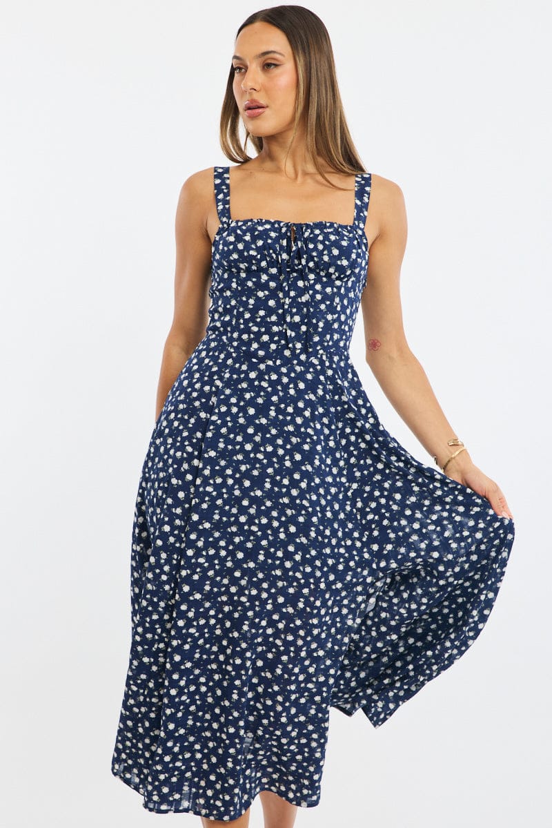 Blue Ditsy Midi Dress Ruched Bust