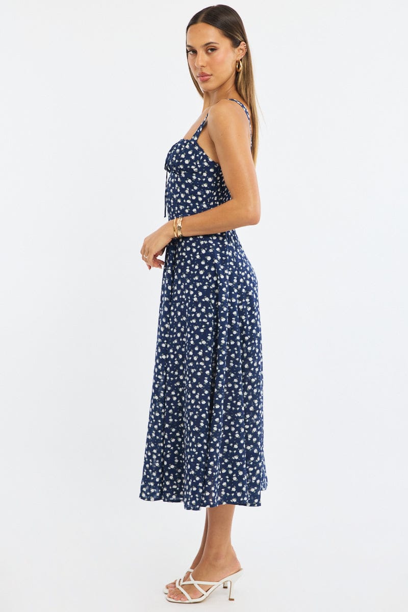 Blue Ditsy Midi Dress Ruched Bust